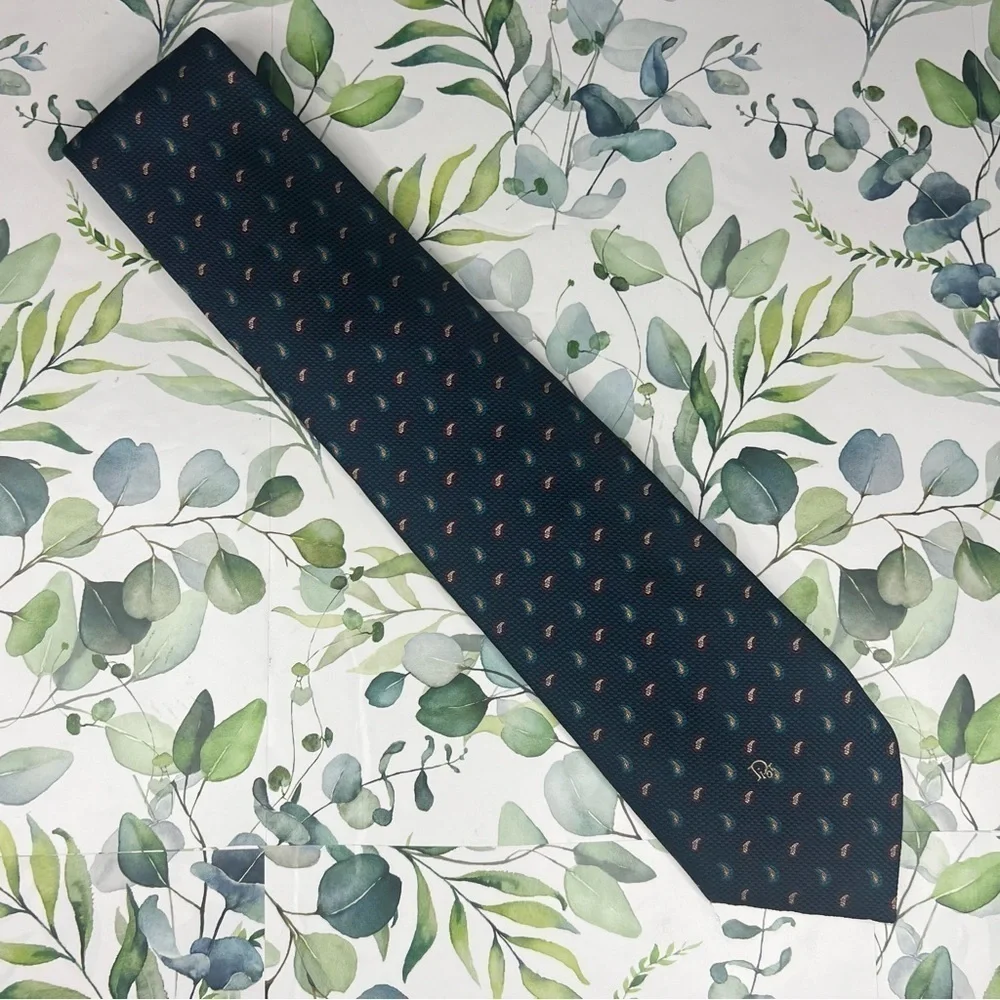 Christian Dior Navy Paisley Print Silk Blend Classic Neck Tie